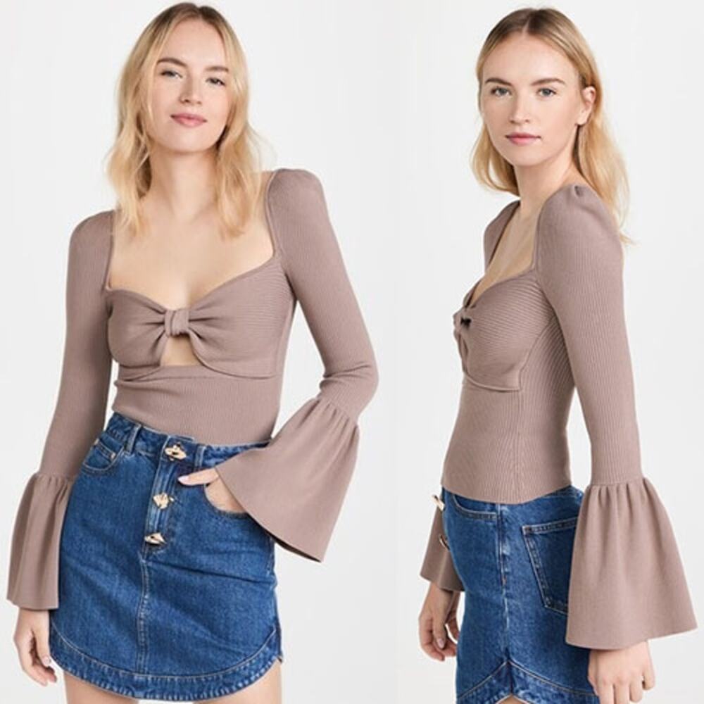 NEW NWT Self Portrait Ribbed Knit Bow Bust Flared Sleeve Cut Out Top Brown
